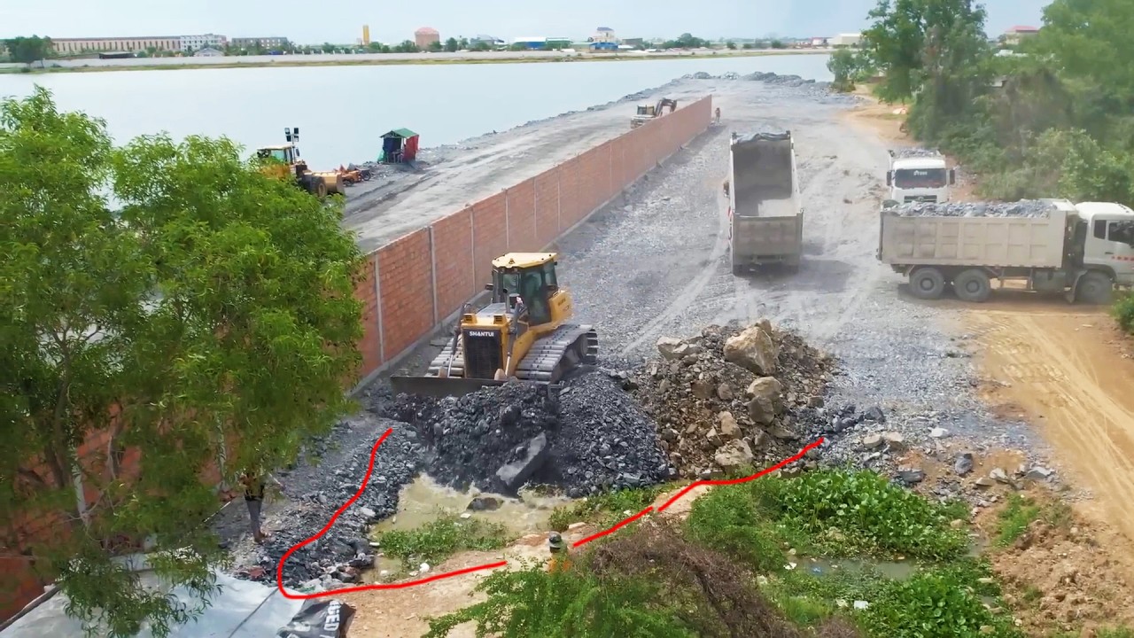 Congrat! Get Success Complete Corner 100% by Strong Shantui Dozer Pushing Stones Fill in Canal