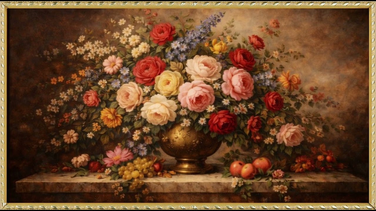 Gold Frame Vintage Oil Painting Roses | Elegant 4K