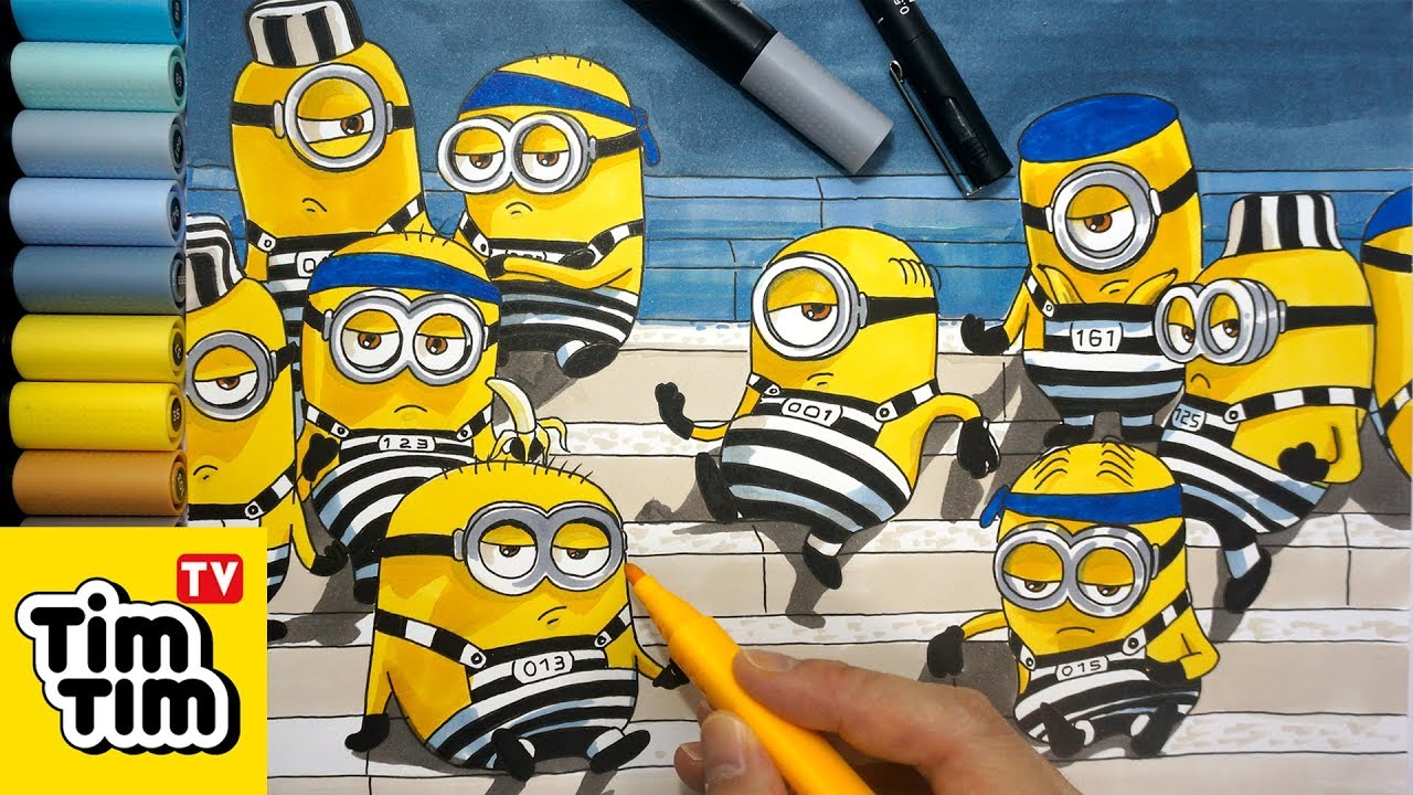 How to draw Minions in Prison from Despicable Me 3 | Easy step by step for kids | Coloring Pages