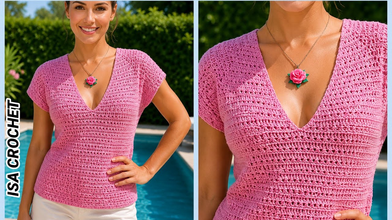 Tuto TOP/ Tunique PIVOINE " col V top down sans coutures au crochet une création 
