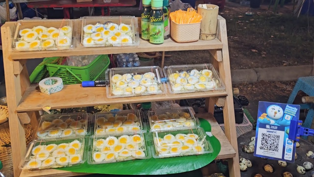 Thai Fried Quail Eggs (Fried into a special pan) at Ayutthaya Night Market in Thailand