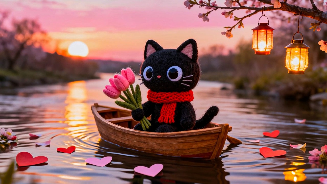 💖 Valentine Sunset on the River 💕 Cozy Lofi Cat with Flowers | Love, Chill & Relax