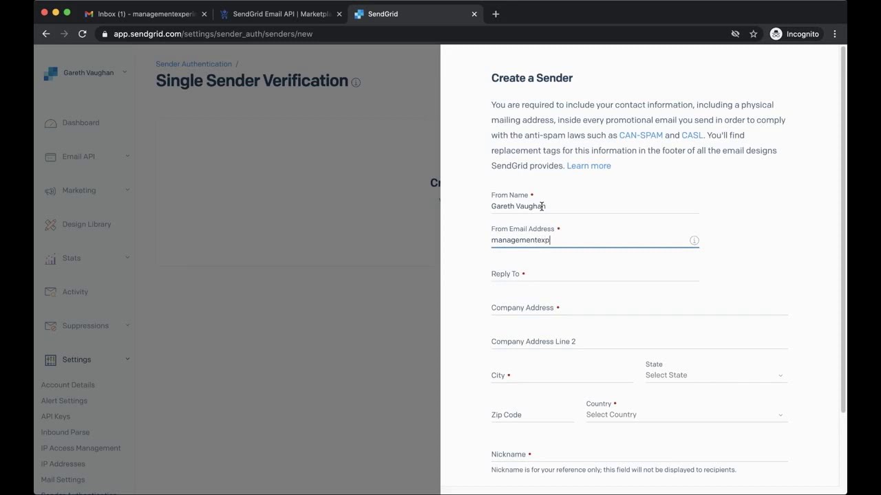 Setup and verify email address