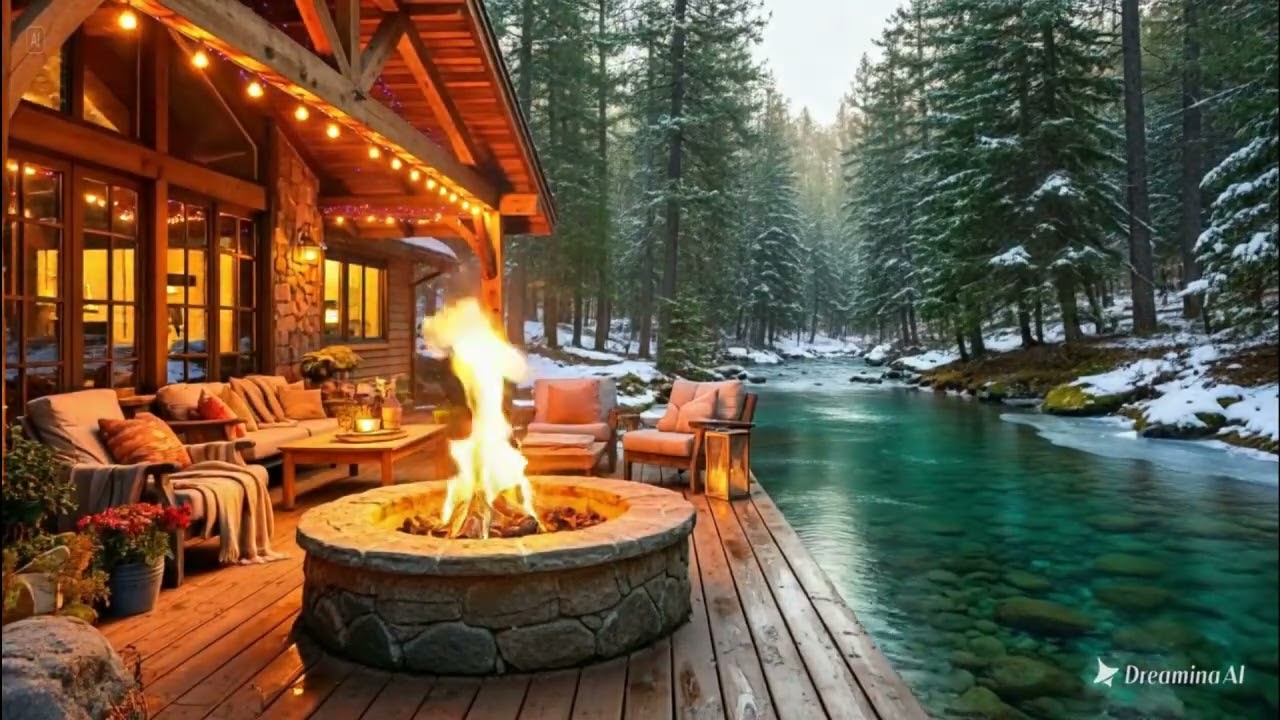 Peaceful Morning Riverside Cabin Porch Ambience 🌲🔥 Cozy Fire Pit, Calm Water Sounds & Birdsong