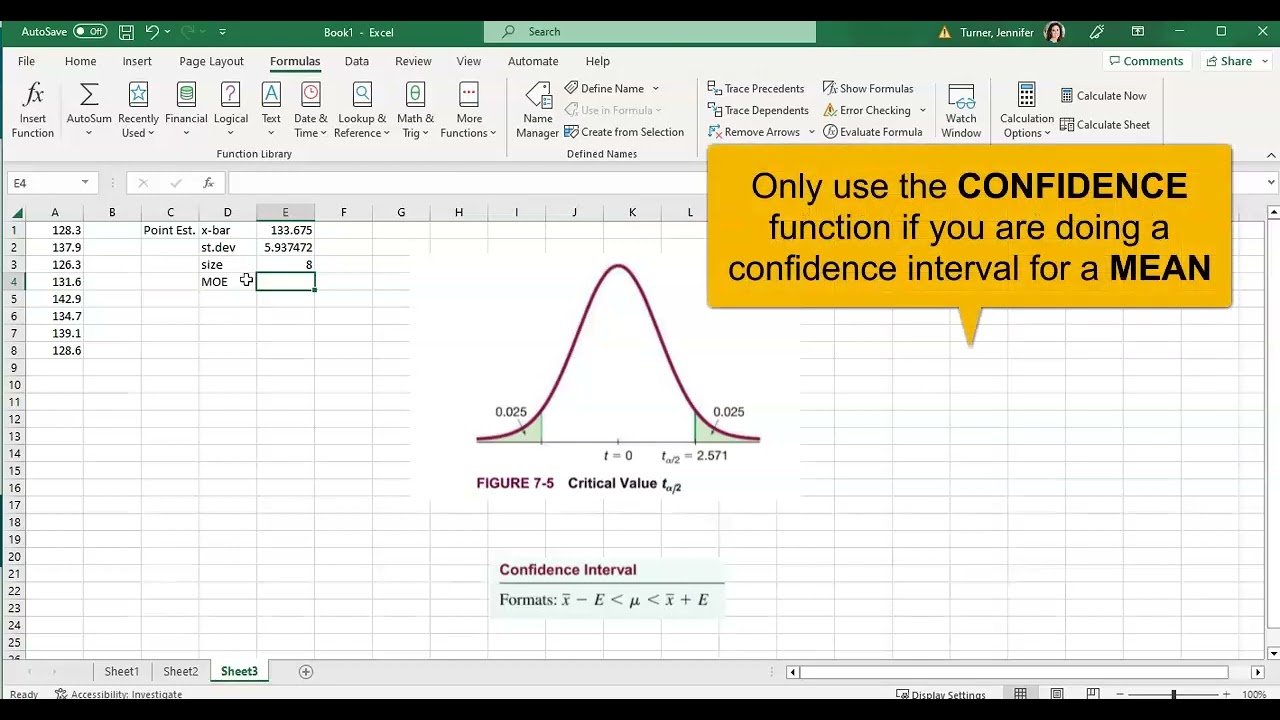Confidence Interval for a Single Mean using Excel