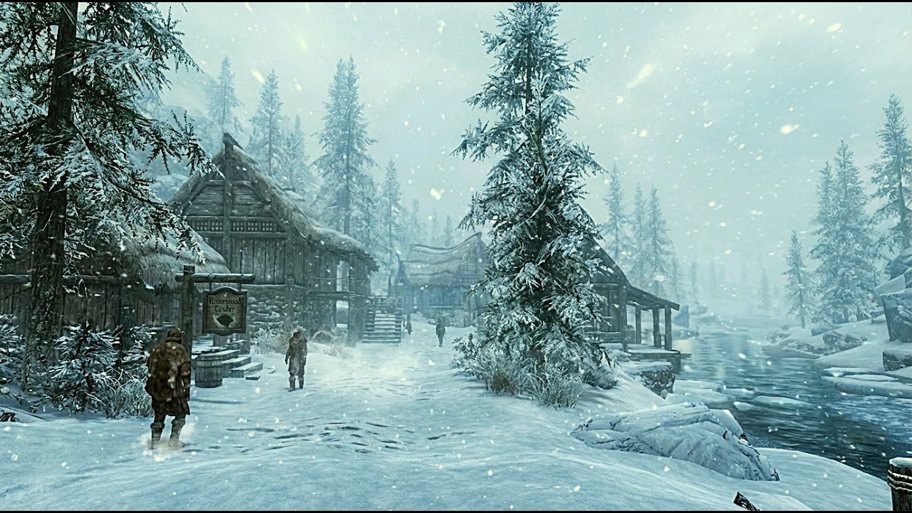 Riverwood Winter Storm - Skyrim Snow ASMR Walking Ambience