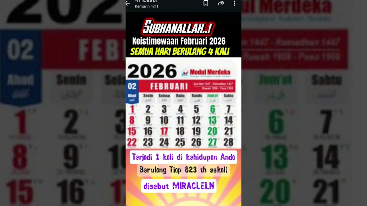 Ajaibnya Bulan Februari 2026 Semua Hari Berulang 4 kali. #subhanallah #bantusubscribe
