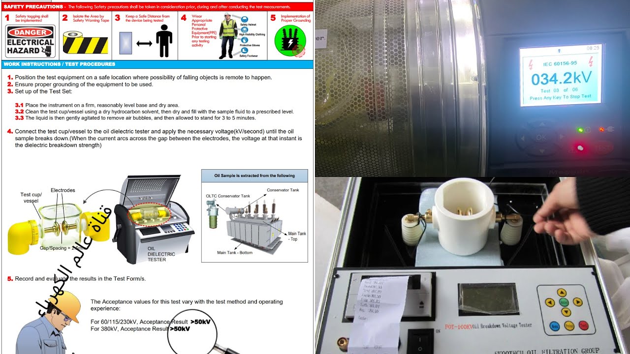 breakdown voltage test for oil اختبار قياس قوة عزل الزيت او اختبار جهد انهيار عزل BDV الزيت للمحولات