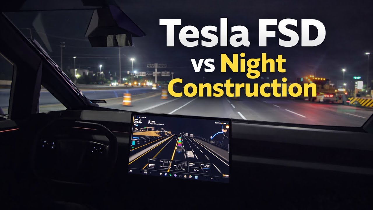 Hands-Off Tesla FSD Through Nighttime Highway Construction