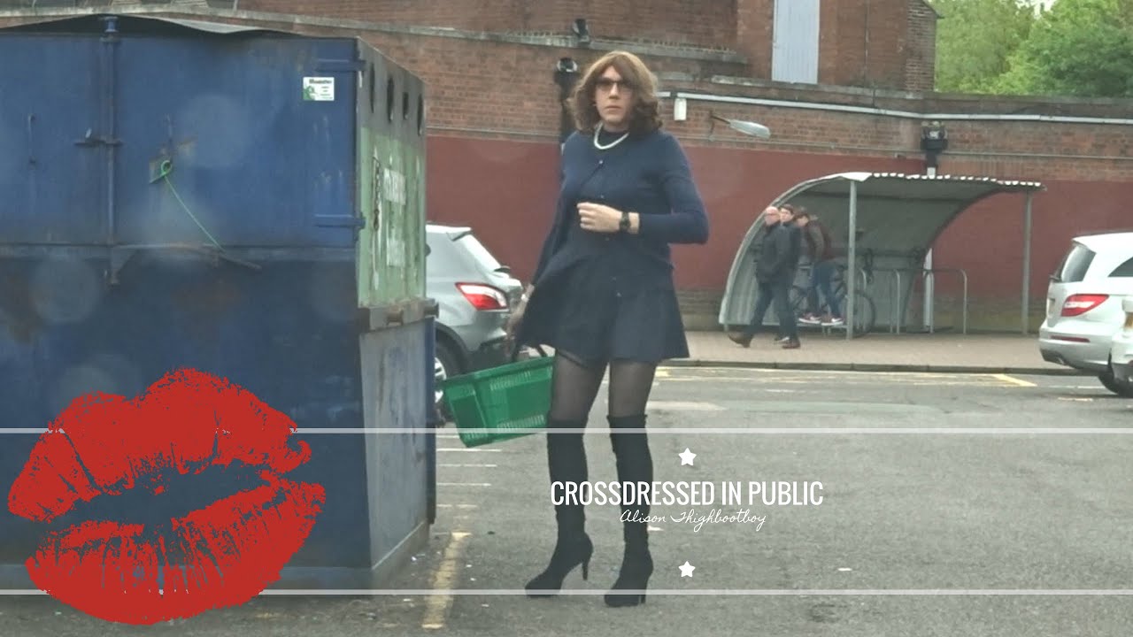 Caught Crossdressed in public. Stockings, suspenders and high heeled boots #AlisonThighBootBoy