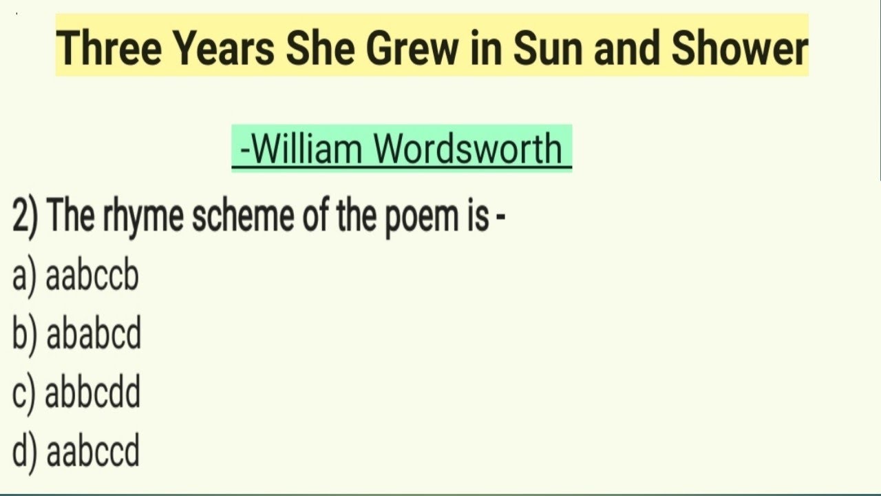 Important Mcq on  Three Years She Grew in Sun and Shower I Lucy Poem by William Wordsworth
