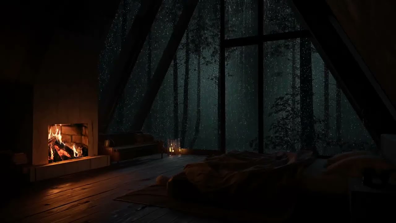 A lonely cabin night with rain moving gently through the dark forest