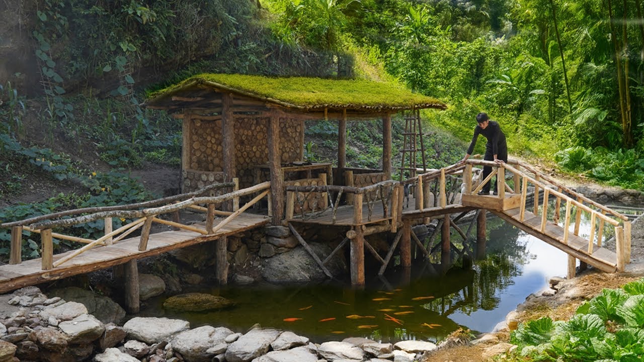 Building a Wooden Joinery Bridge Over the Stream | Off-Grid Life Deep in the Forest