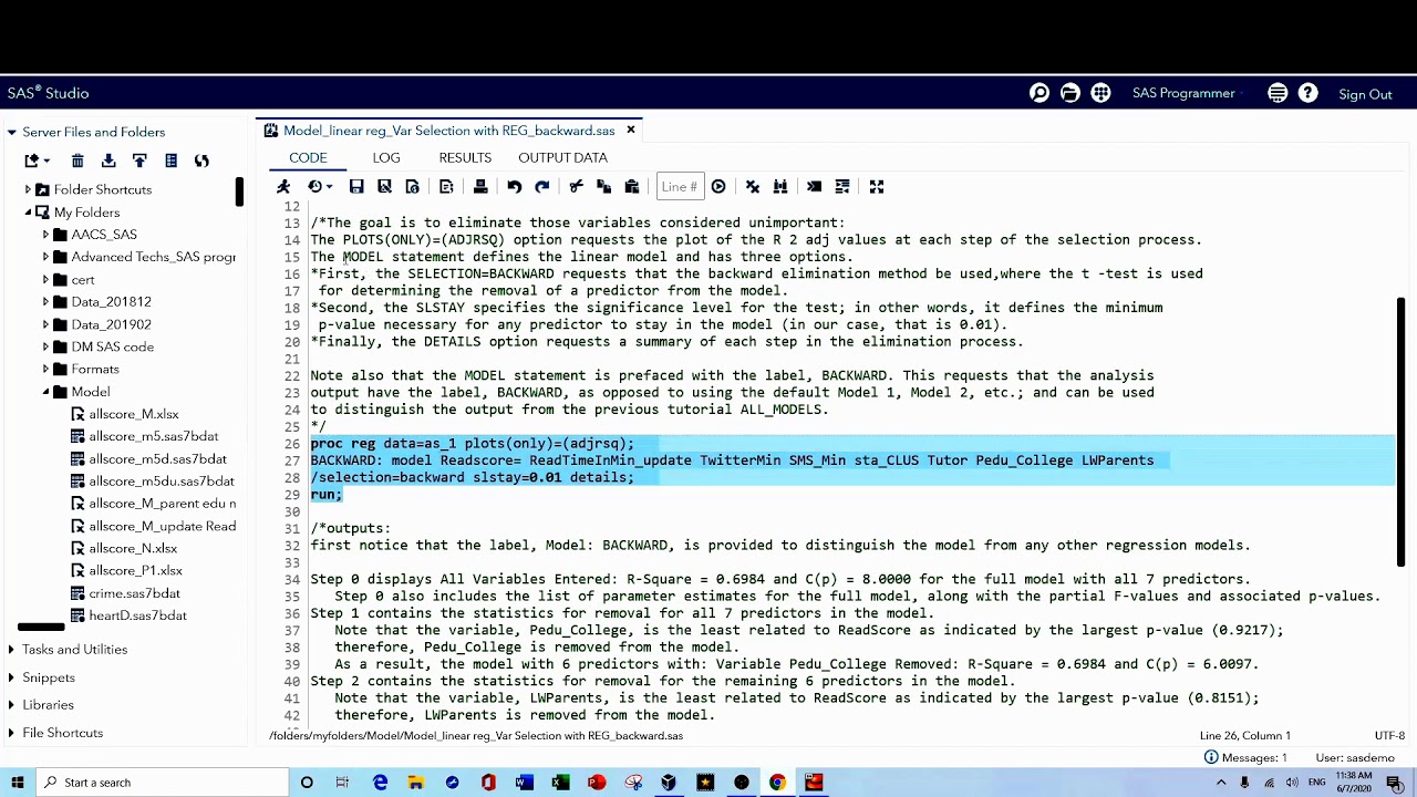 SAS programming Statistical Analyst Certification Course: Proc REG backward selection