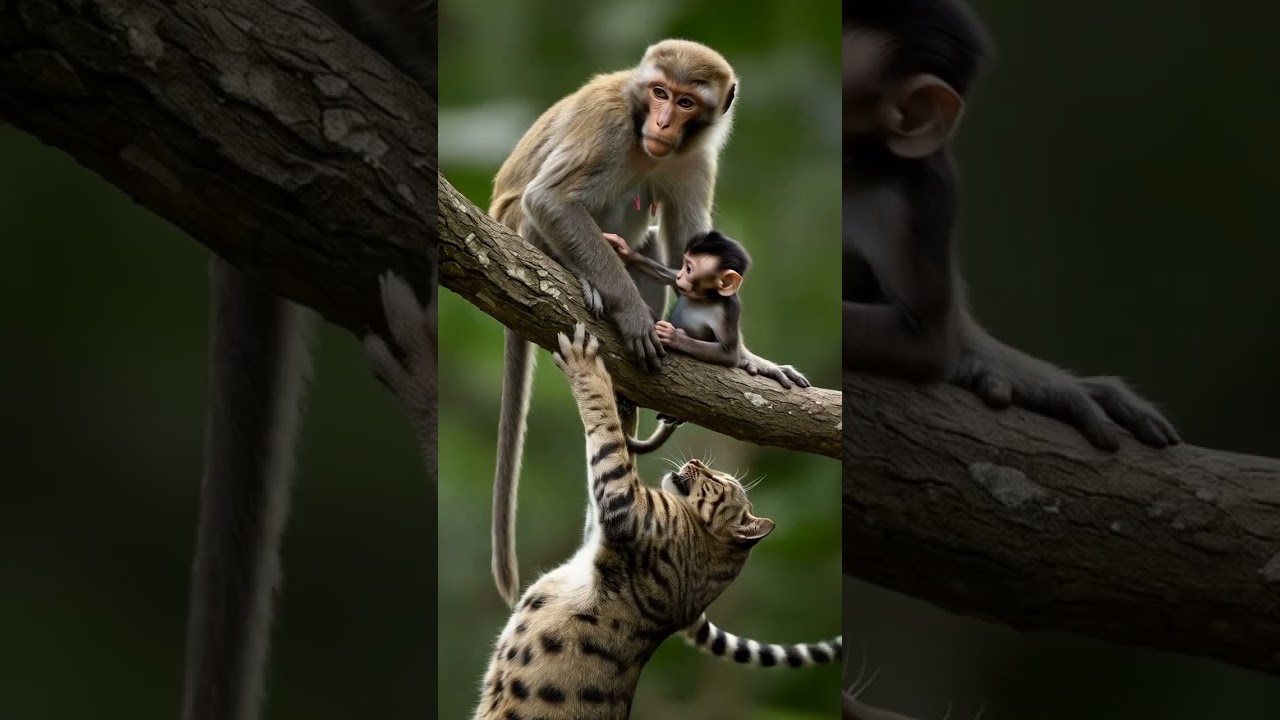 Mother monkey trying to protect her baby from cat attacking #baby #monkey #cat #viralvideo