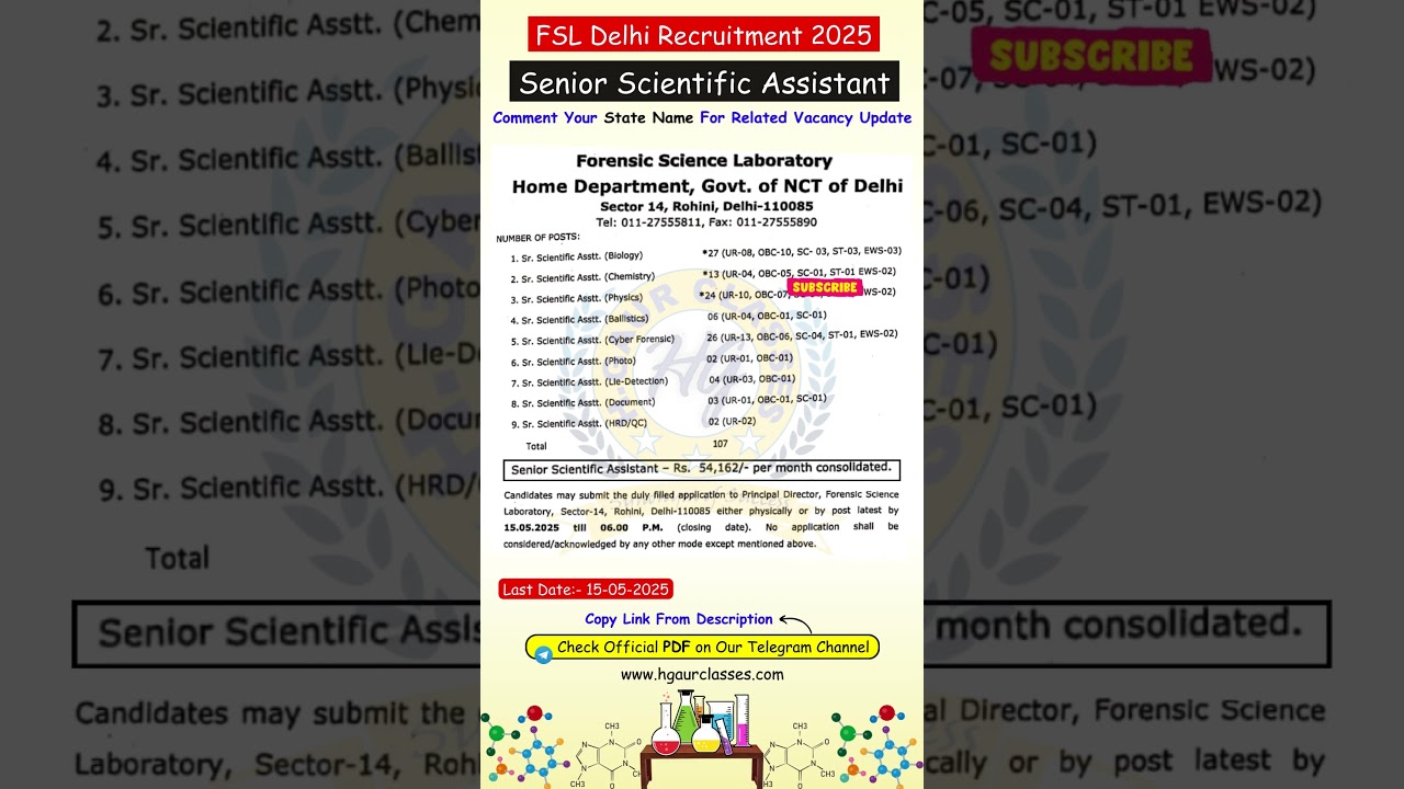 FSL Delhi Recruitment 2025 | Senior Scientific Assistant | Forensic Science Laboratory