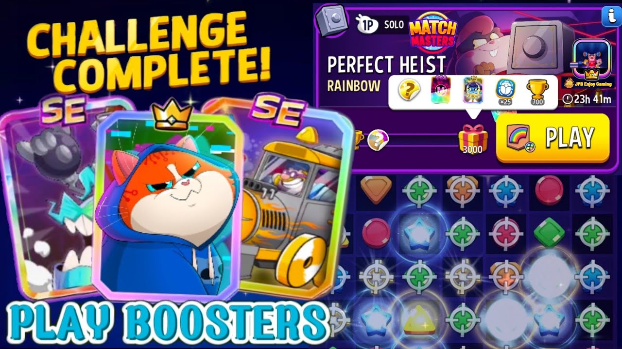 Perfect Heist Rainbow+Square Matches Solo Challenge/3000 Score /Match Masters/Play 3 Boosters
