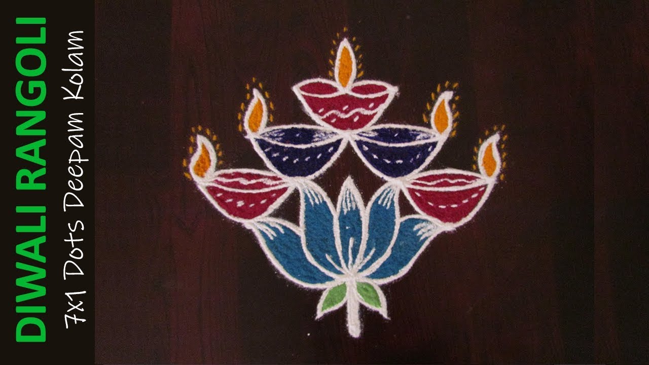 Simple Diwali Rangoli | 7x1 Dots Deepam Kolam | Diwali Rangoli With Dots & Colors
