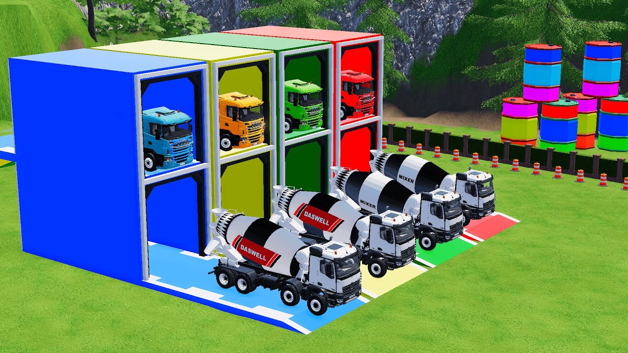 Garage with Colors -  ALL MIXER TRUCK WITH FLATBED TRAILER TRUCK, SCANIA ,MERCEDES -  FS22