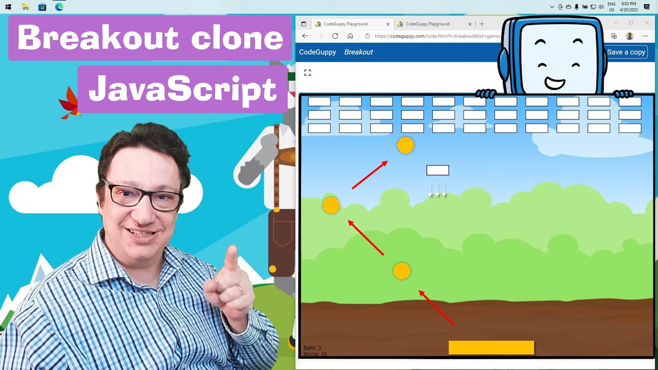 Breakout clone in JavaScript | Build games with codeguppy.com and p5.js API