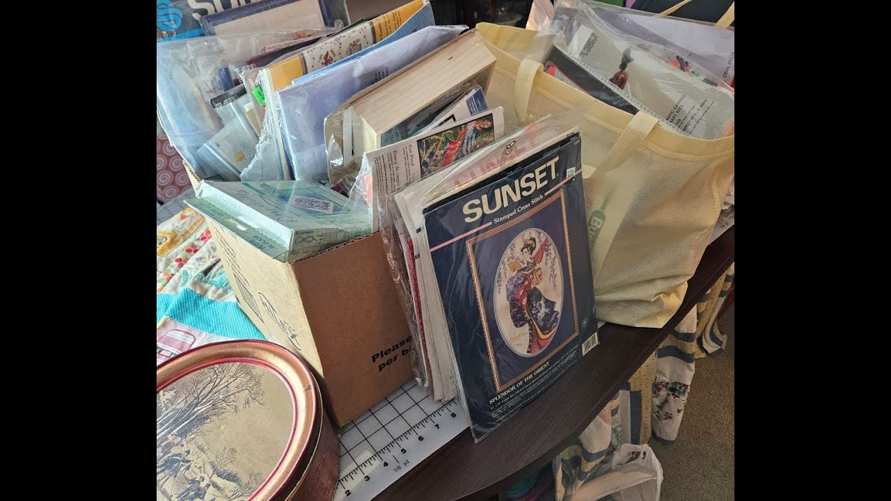 Flosstube #unboxing #27 cross stitch treasures from an estate - big haul of needlework