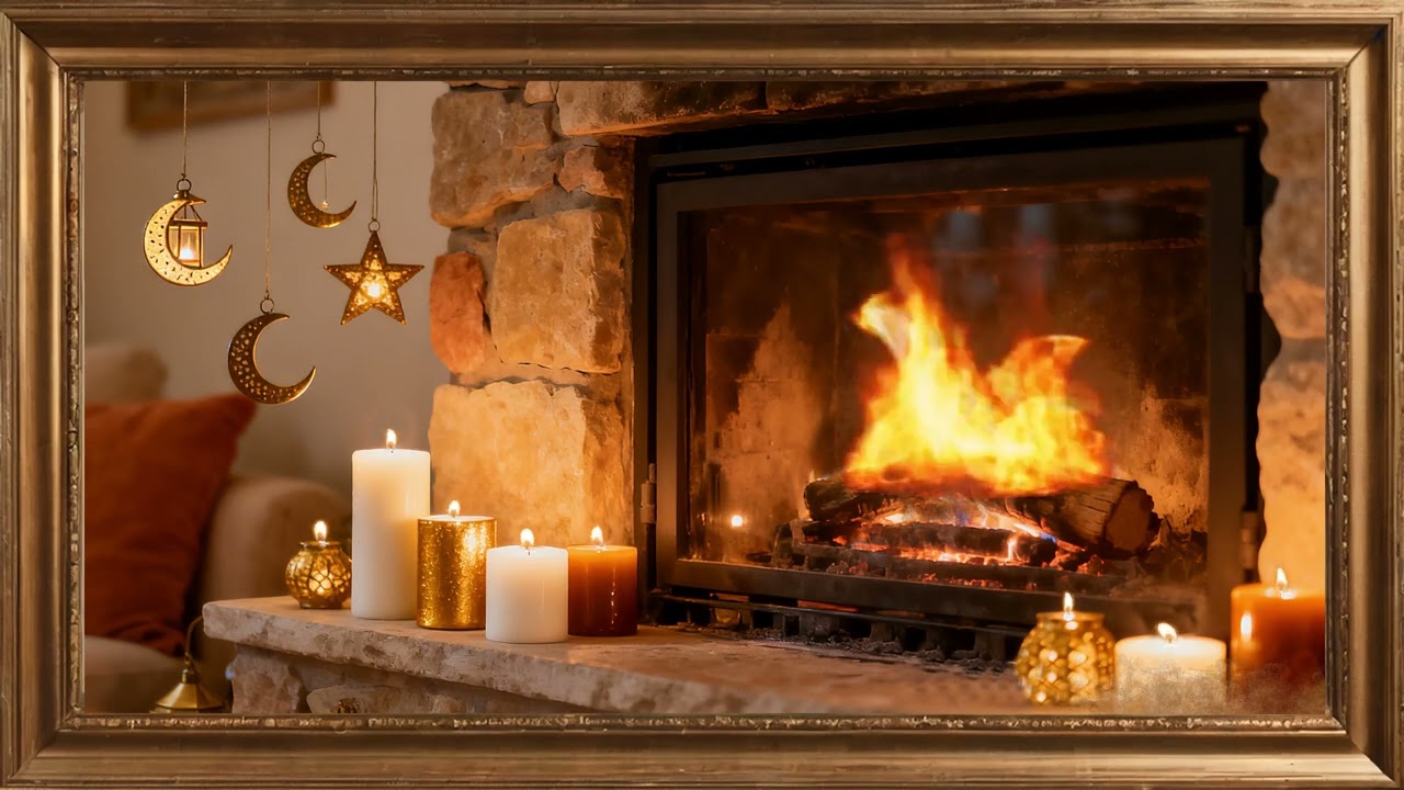 Luxurious Ramadan Fireplace Ambience . Gold framed Vintage art screensaver. 4k TV Painting wall art.