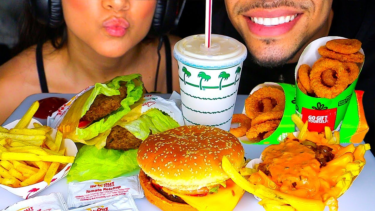 ASMR IN N OUT ANIMAL STYLE WITH WIFE JERRY EATING FAST FOOD BURGER KING SOUNDS NO TALKING MUKBANG 먹방
