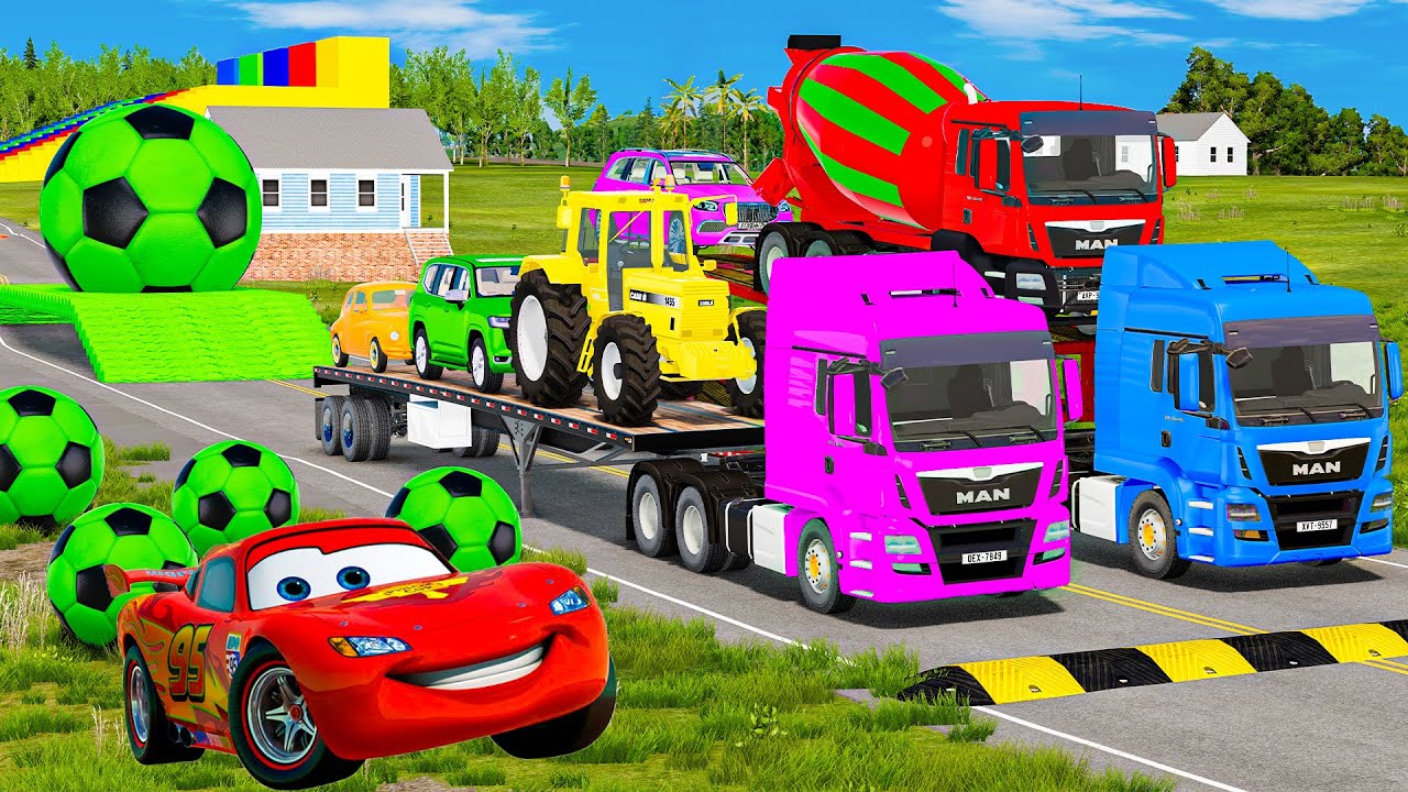 MENGANGKUT MOBIL & BUAH PIXAR DENGAN WARNA & JOHN DEERE vs CLAAS vs TRACTORS #26 - BeamNG.drive