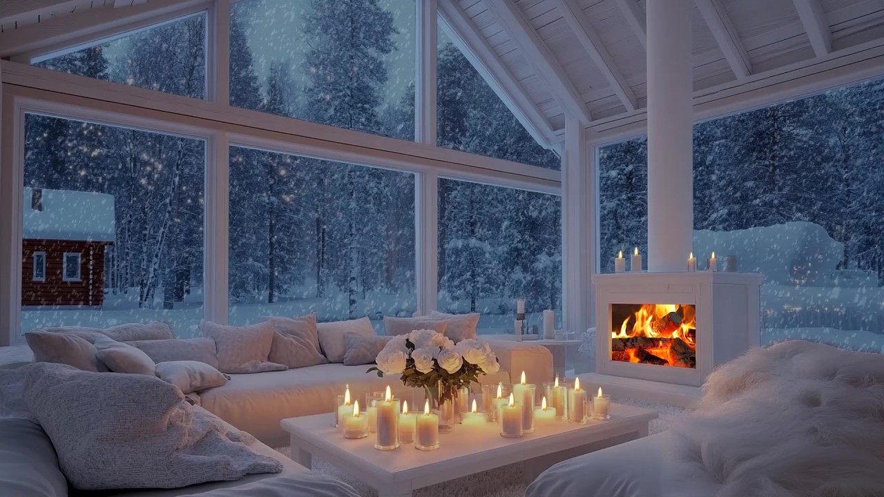 ☃️🎼 Minimal Winter Piano Lounge Atmosphere | Firelight, Snowfall & Flowers | Work Study Focus