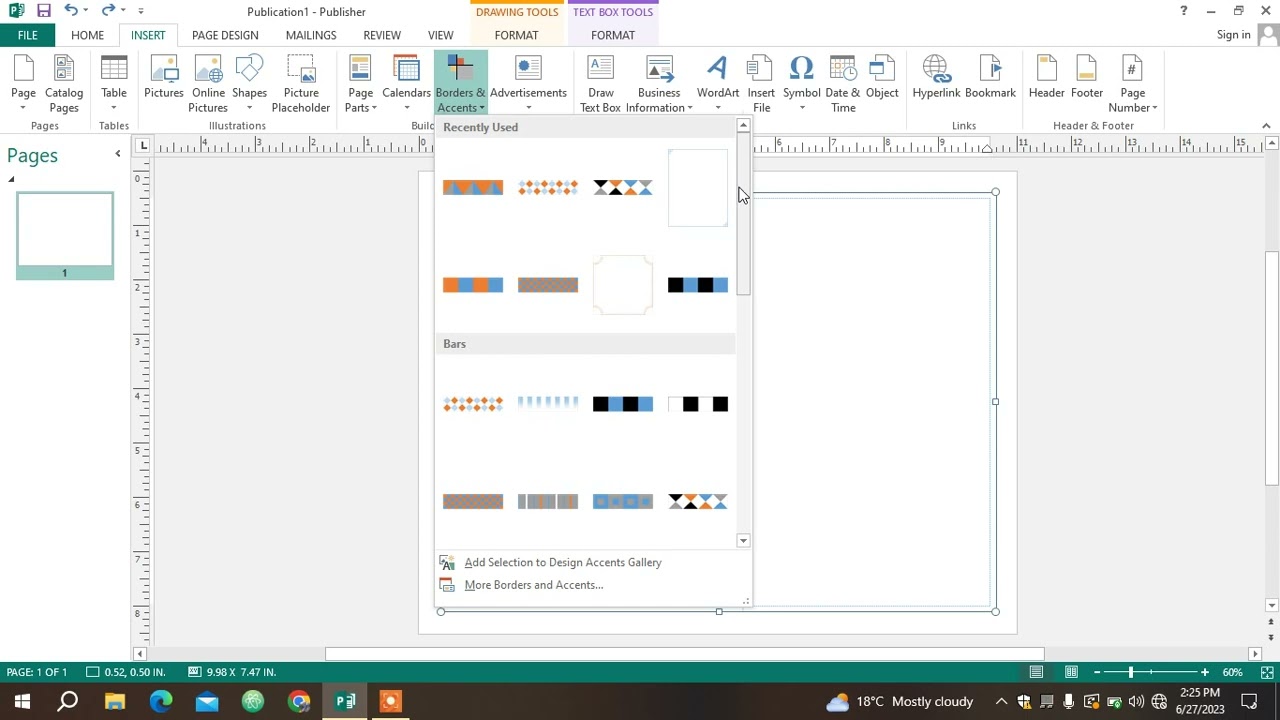 How to insert Frames and Border art in Ms Publisher