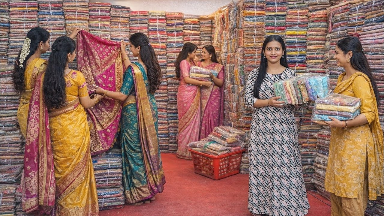 సూరత్ మార్కెట్ స్పెషల్ 🛍️ రోజువారీ చీరలు హోల్‌సేల్ ధరలకు Surat wholesale market #saree #daily 