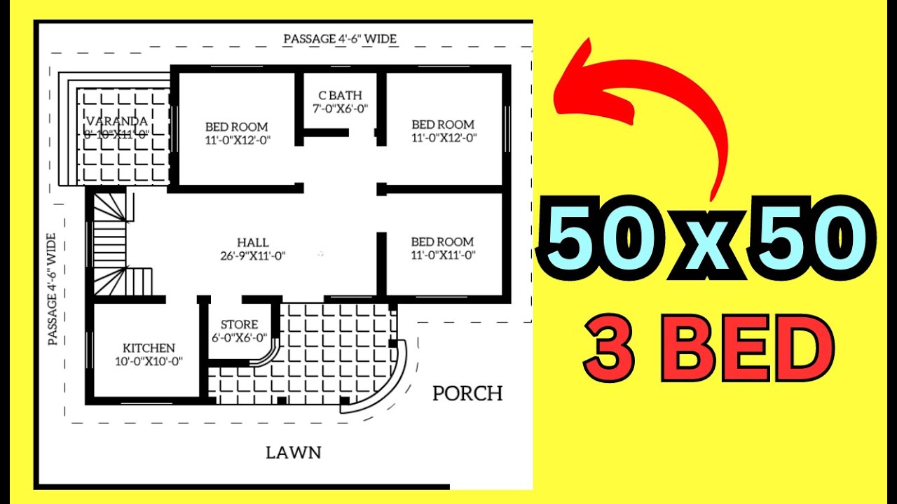 50x50 HOUSE PLAN DESIGN .3 BED ROOMS .2500 SQ FT .LAYOUT PLAN