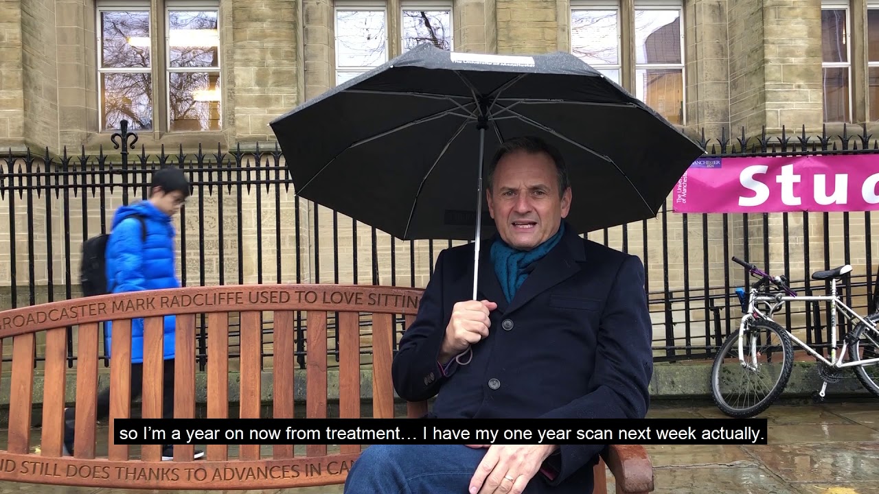 Legendary broadcaster Mark Radcliffe unveils his engraved bench at The University of Manchester