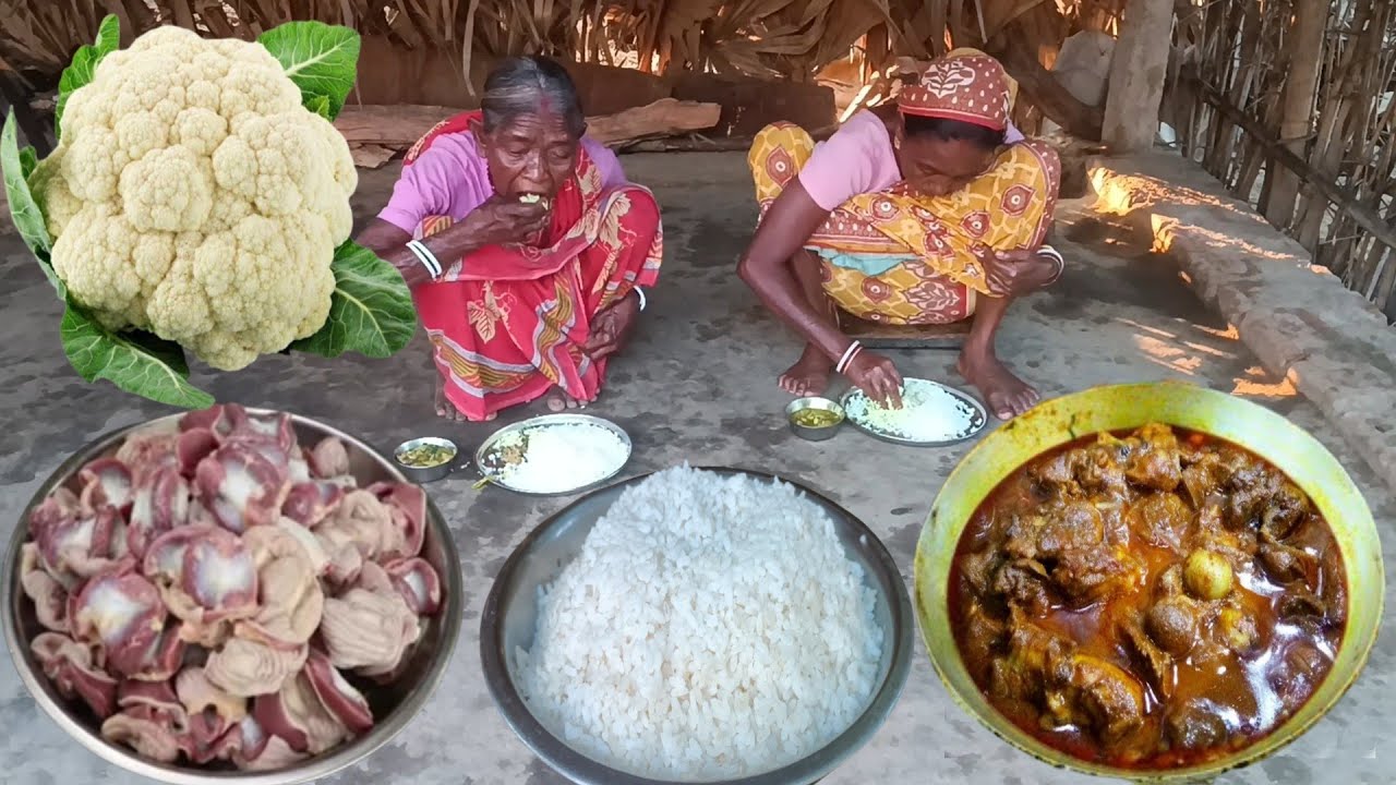 Grandma cooking CHICKEN GIZZARD Curry with CAULIFLOWER and eating with hot rice||village life India.