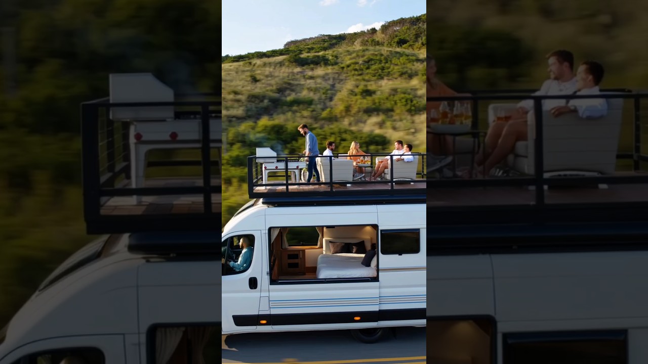 Ultimate Road Trip: Futuristic RV with Rooftop Deck & Luxury Living!