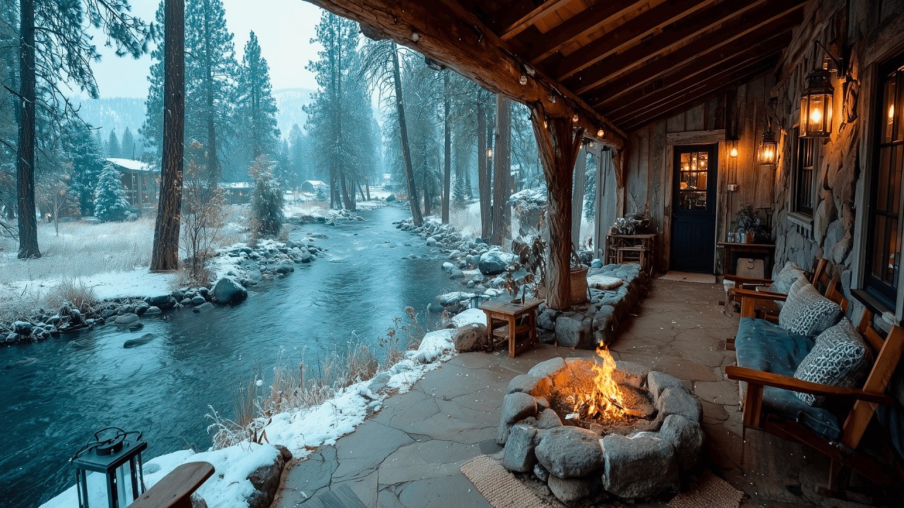 Winter Riverside Cabin Porch Campfire & Nature Sounds That Instantly Calms You