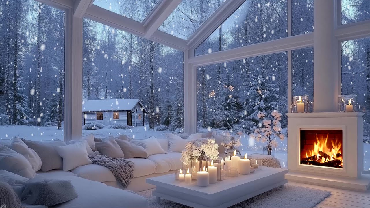 🎹 ❄️ 4 Hours Winter Piano Calm Space | Fireplace & Snow Outside | Relax, Study, Healing