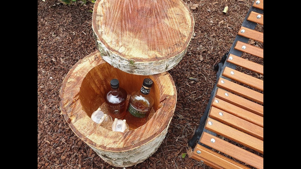 Side table from a log with hidden bar