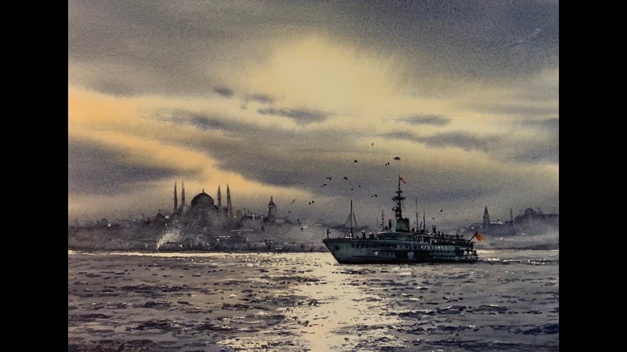 How to paint A view of Istanbul in watercolor painting demo by javid tabatabaei