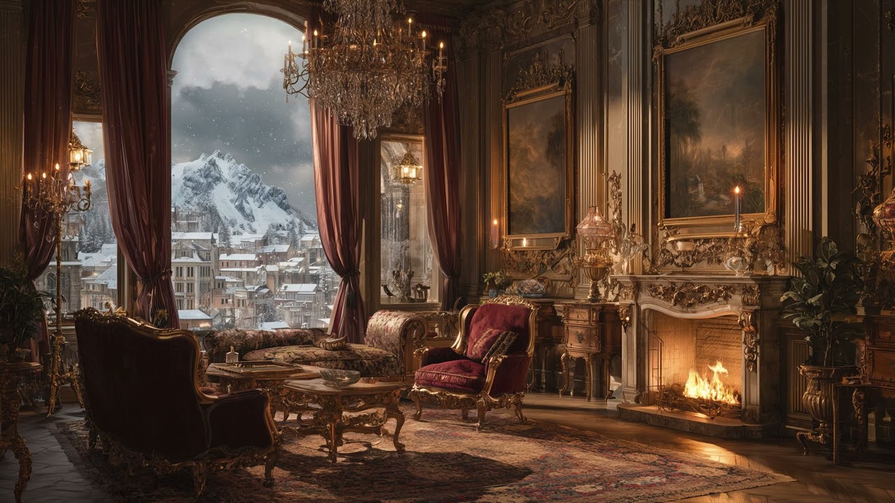 4K Royal European Winter Fireplace Ambience  - Relaxing Classic Music