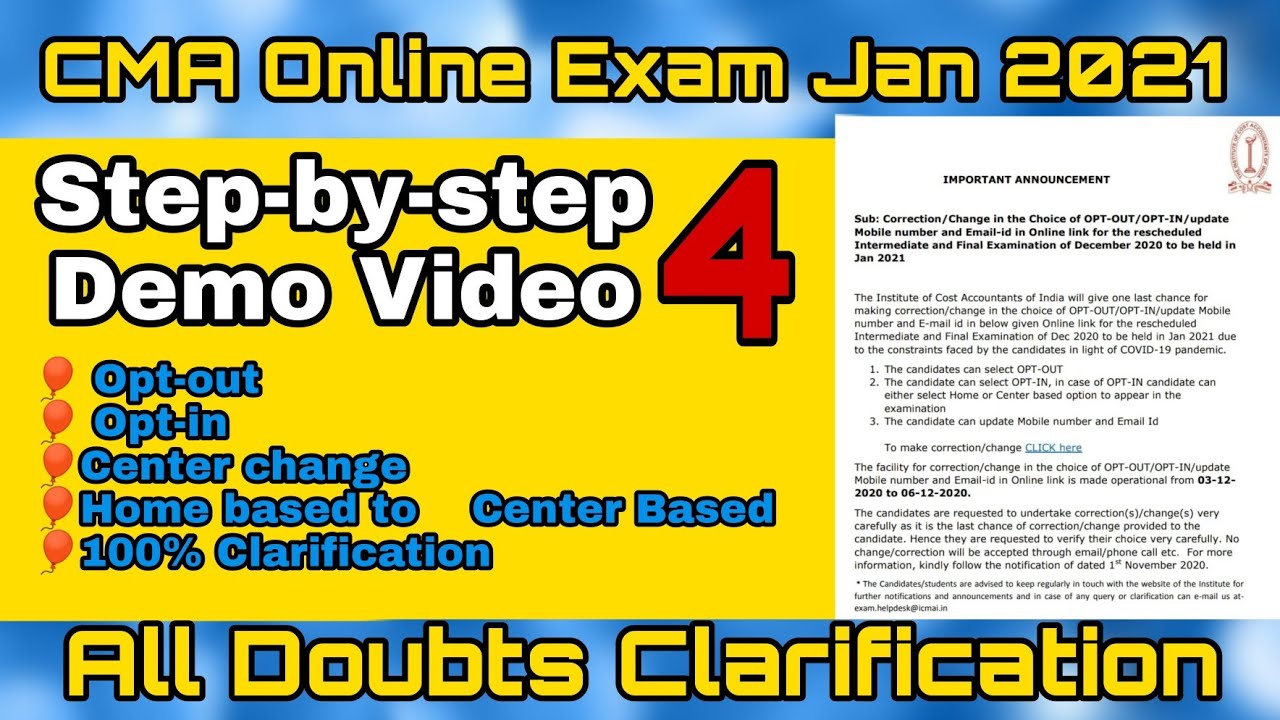 StepByStep  Demo Video -Opt-Out/ Opt-in / Change of Homebased and Center Based  CMA Online Exam 2021