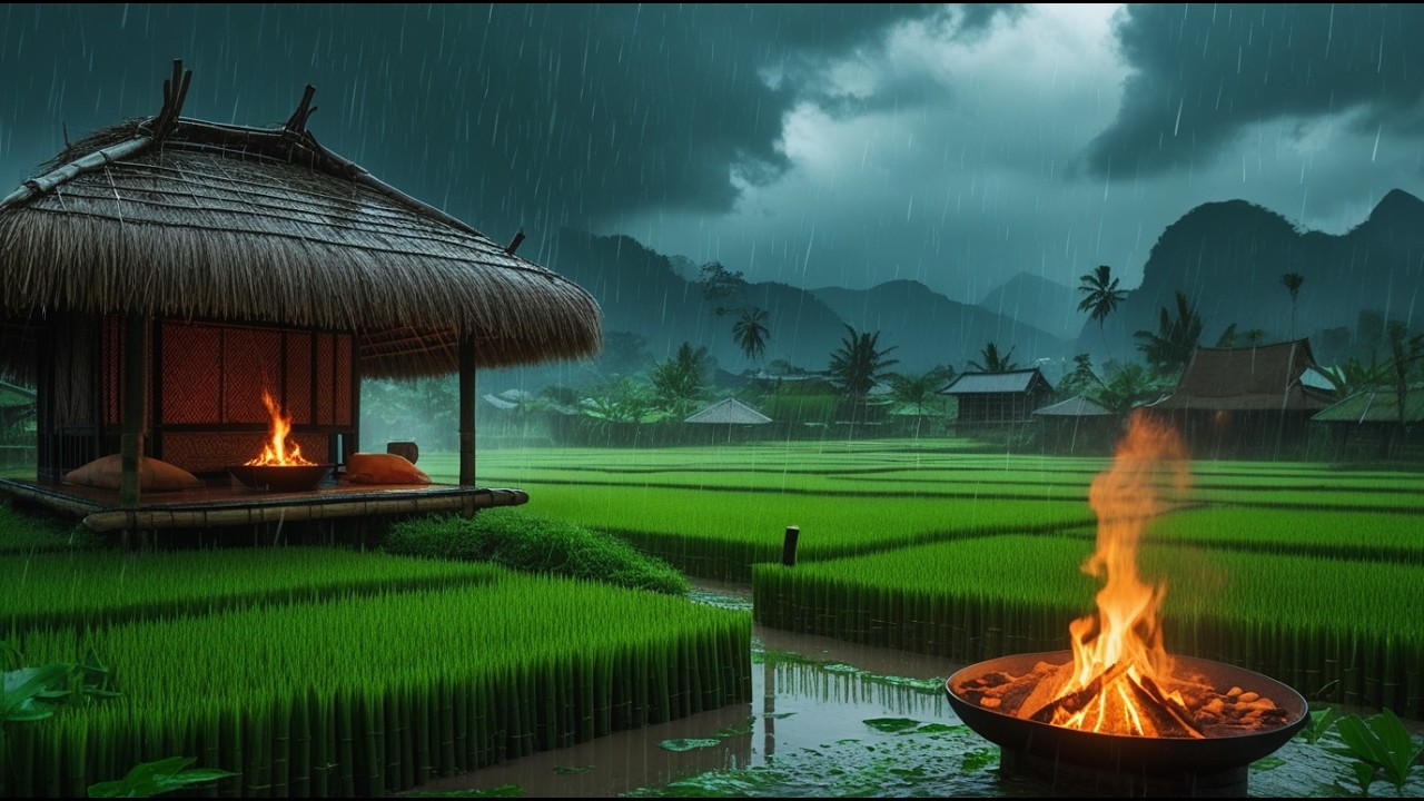 Rain Sounds with Campfire Bamboo Hut in Rice Field Relaxing Rain & Fire ASMR