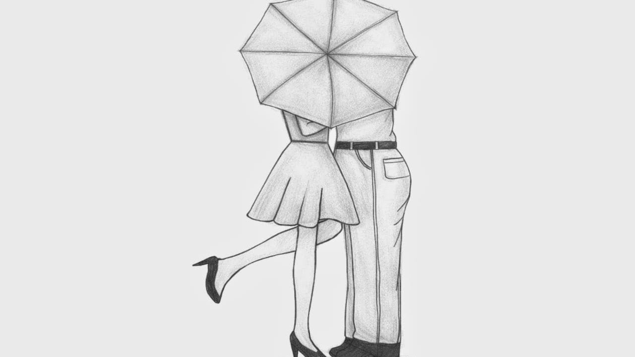 Romantic Couple Under Umbrella Pencil Sketch | Easy Love Drawing Step by Step