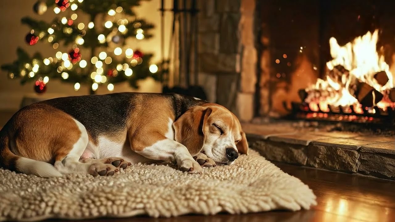 10 HOURS Dog Sleeping by Fireplace Christmas Lights & Gentle Breathing for Cozy Winter Sleep