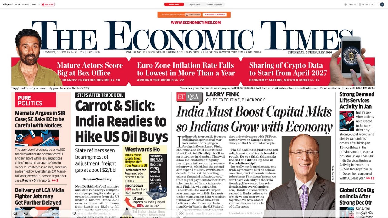 5 February 2026 | The Economic Times Newspaper | Daily Finance & Business News Analysis