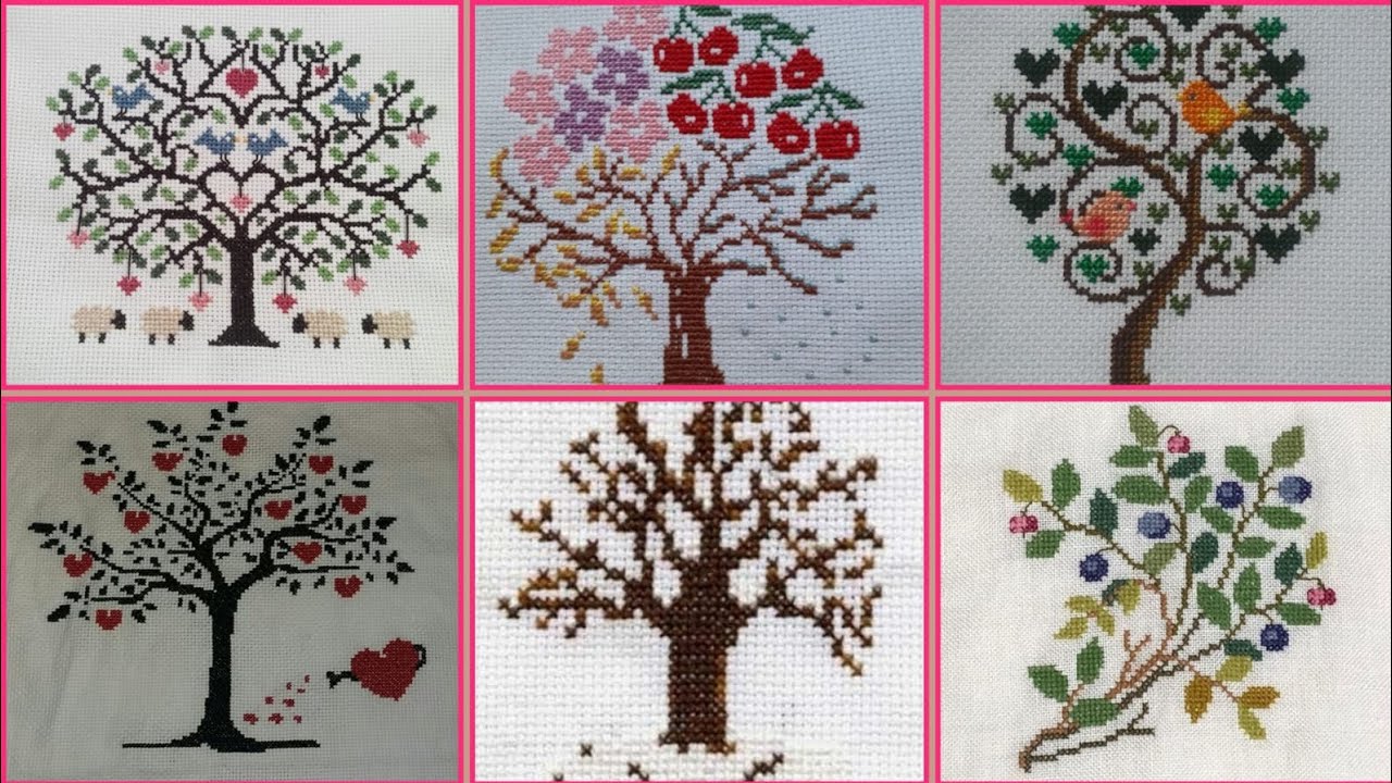 Fabulosa colección de patrones de árboles naturales en punto de cruz para funda de sofá.