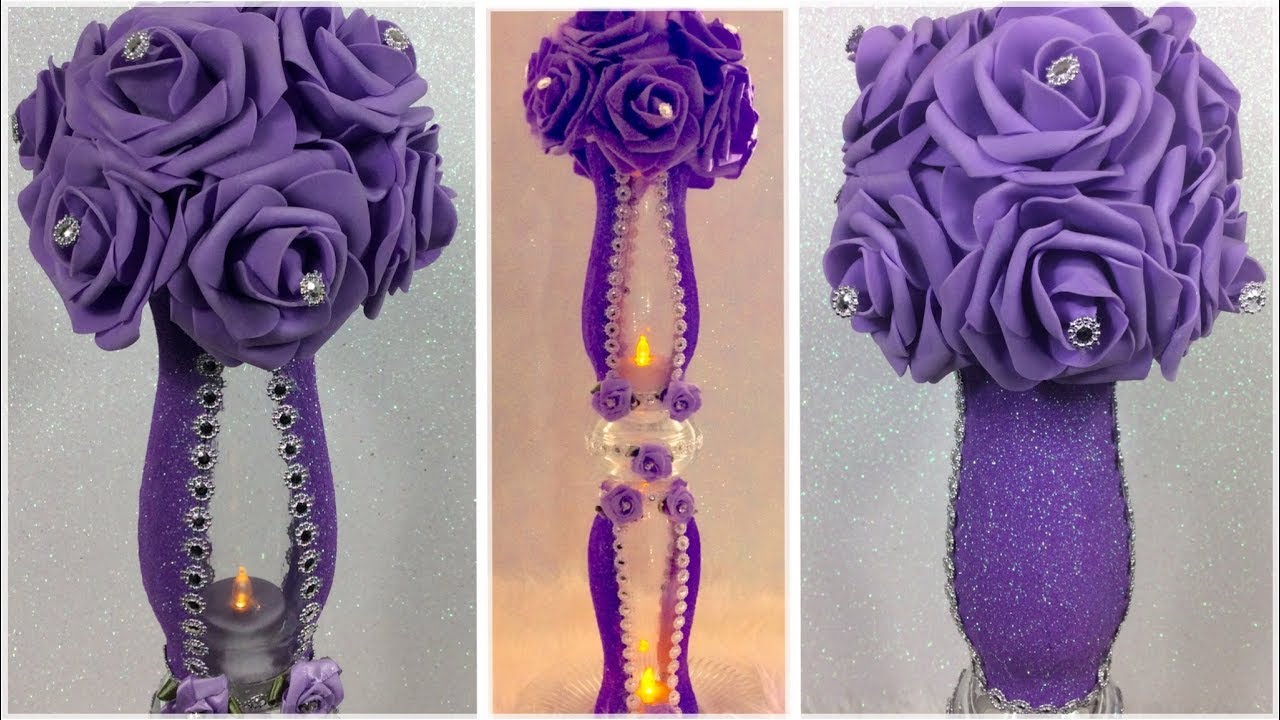 How To Create A Glamorous Purple Floral Wedding Centerpiece / DIY Bling Lavender Lit Vase