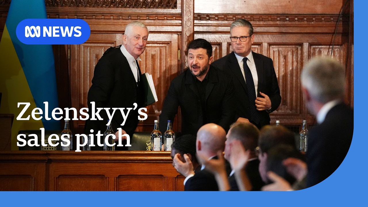 Zelenskyy spruiks Ukrainian drone technology in UK parliament | ABC NEWS