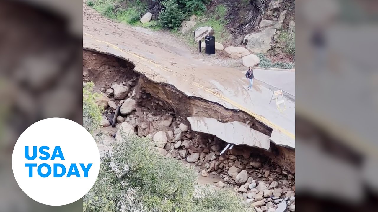Road collapses under woman walking along edge in Montecito, California | USA TODAY
