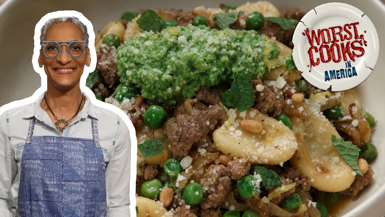 Carla Hall's Orecchiette with Lamb and Mint Pea Pesto | Worst Cooks in America | Food Network